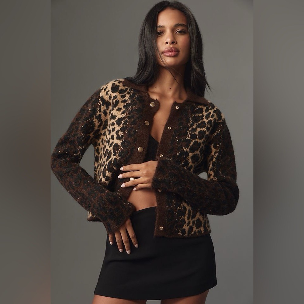 Pilcro Leopard Print Cardigan Sweater Brown Animal Print Gold‎ Button Front New